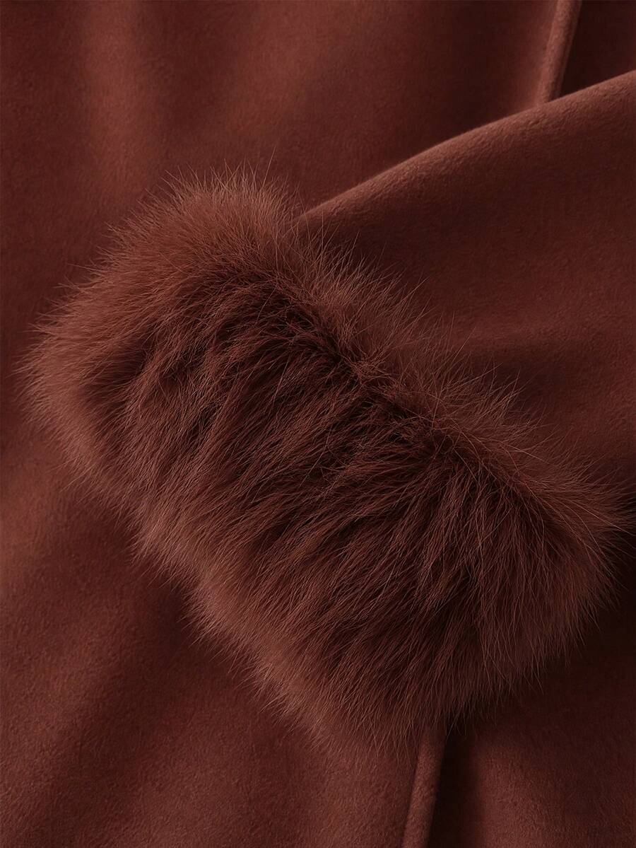 Flavia Belted Wrap Coat with Faux Fur Cuffs and Shawl Collar - Brick Red
