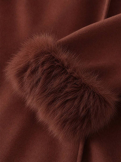 Flavia Belted Wrap Coat with Faux Fur Cuffs and Shawl Collar - Brick Red