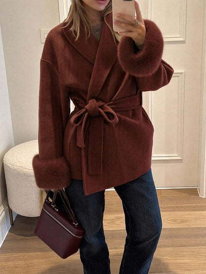 Flavia Belted Wrap Coat with Faux Fur Cuffs and Shawl Collar - Brick Red