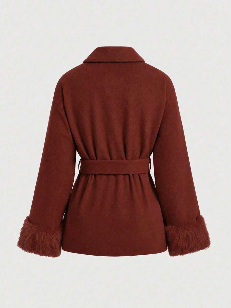 Flavia Belted Wrap Coat with Faux Fur Cuffs and Shawl Collar - Brick Red