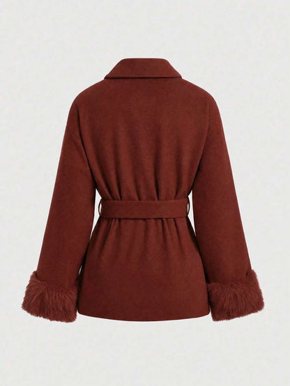 Flavia Belted Wrap Coat with Faux Fur Cuffs and Shawl Collar - Brick Red