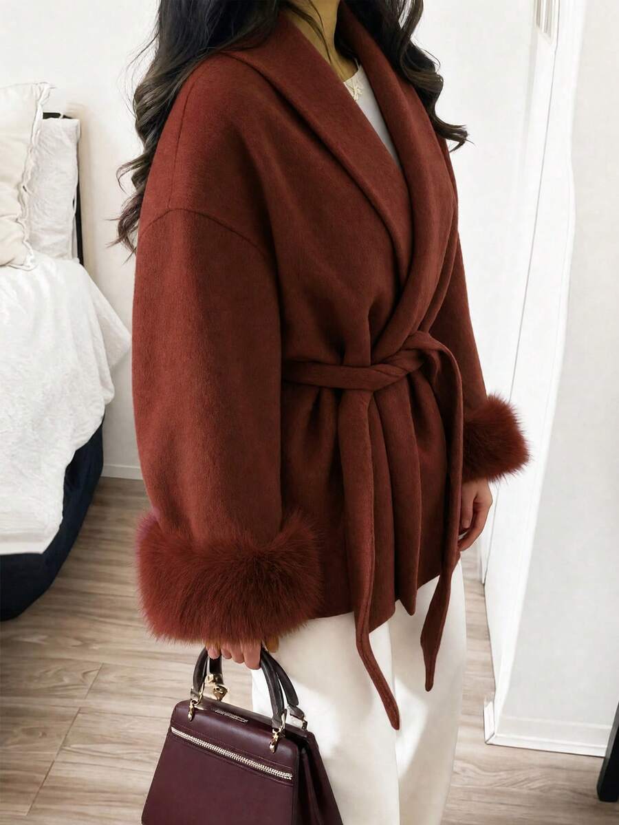 Flavia Belted Wrap Coat with Faux Fur Cuffs and Shawl Collar - Brick Red
