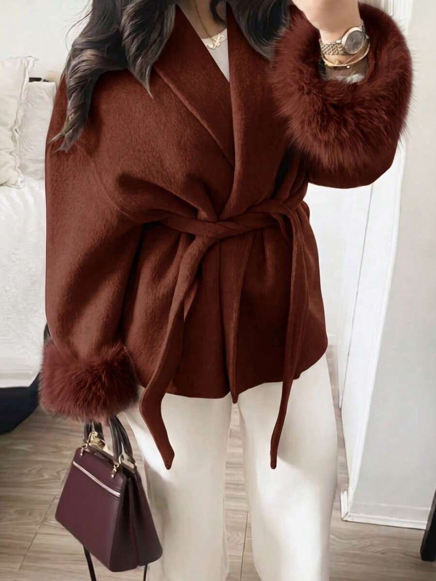 Flavia Belted Wrap Coat with Faux Fur Cuffs and Shawl Collar - Brick Red