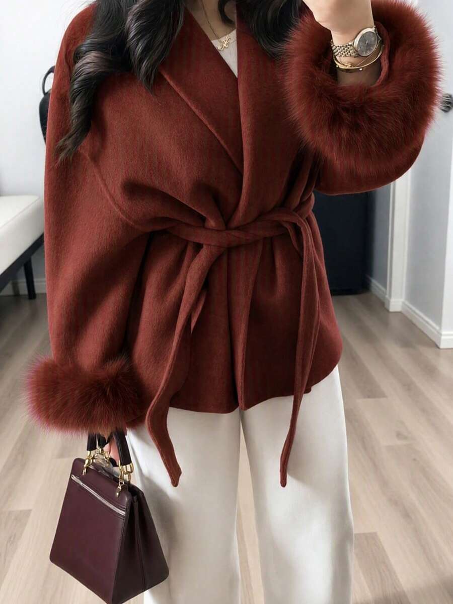 Flavia Belted Wrap Coat with Faux Fur Cuffs and Shawl Collar - Brick Red