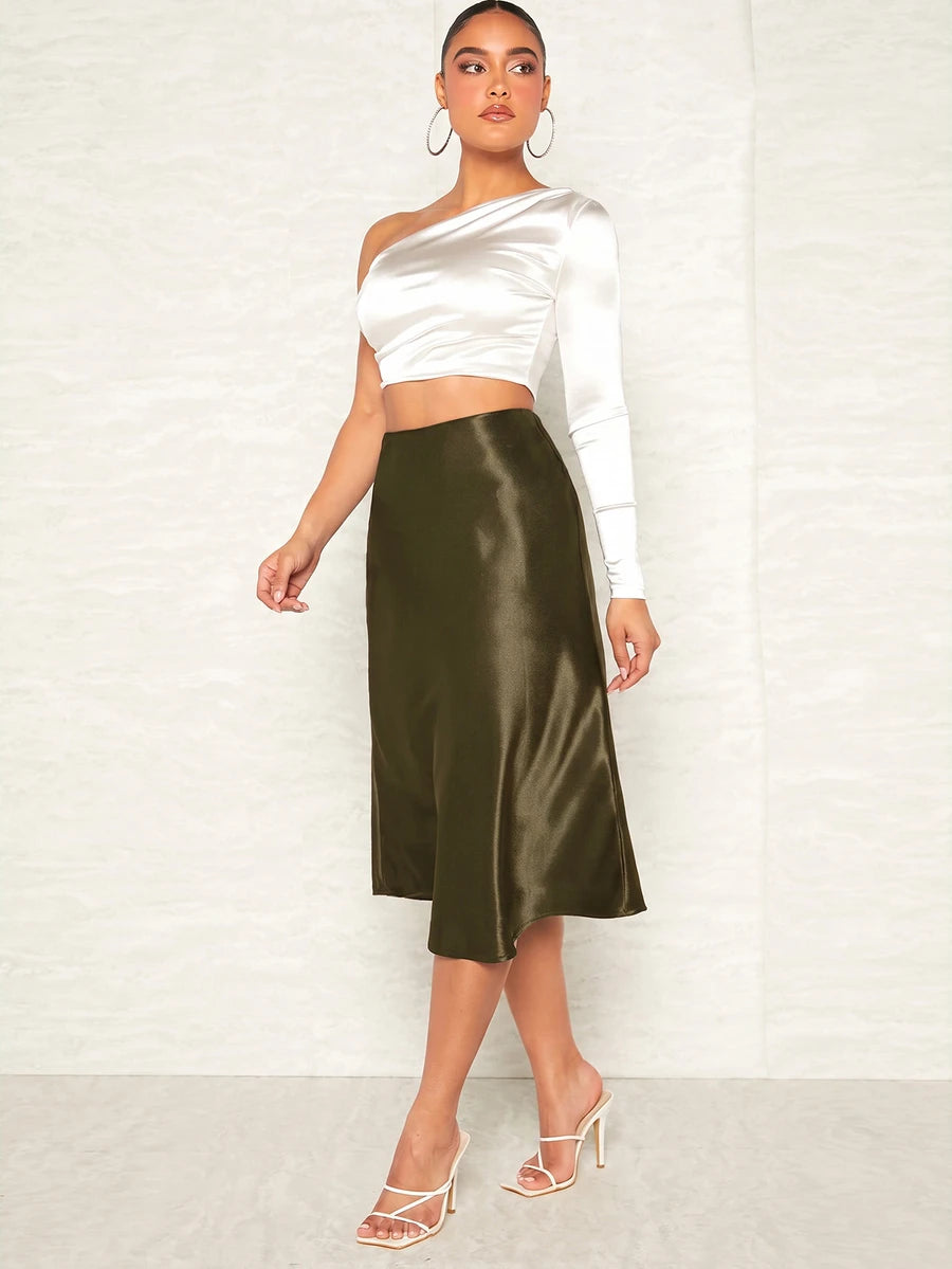 Women's Satin Midi Skirt, Side Zip Silky A-Line Skirt for Evening and Wedding Guest - Navy Blue