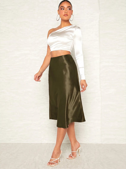 Women's Satin Midi Skirt, Side Zip Silky A-Line Skirt for Evening and Wedding Guest - Navy Blue