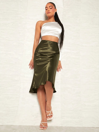 Women's Satin Midi Skirt, Side Zip Silky A-Line Skirt for Evening and Wedding Guest - Dusty Pink