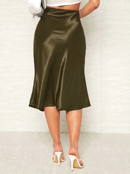 Women's Satin Midi Skirt, Side Zip Silky A-Line Skirt for Evening and Wedding Guest - Purple