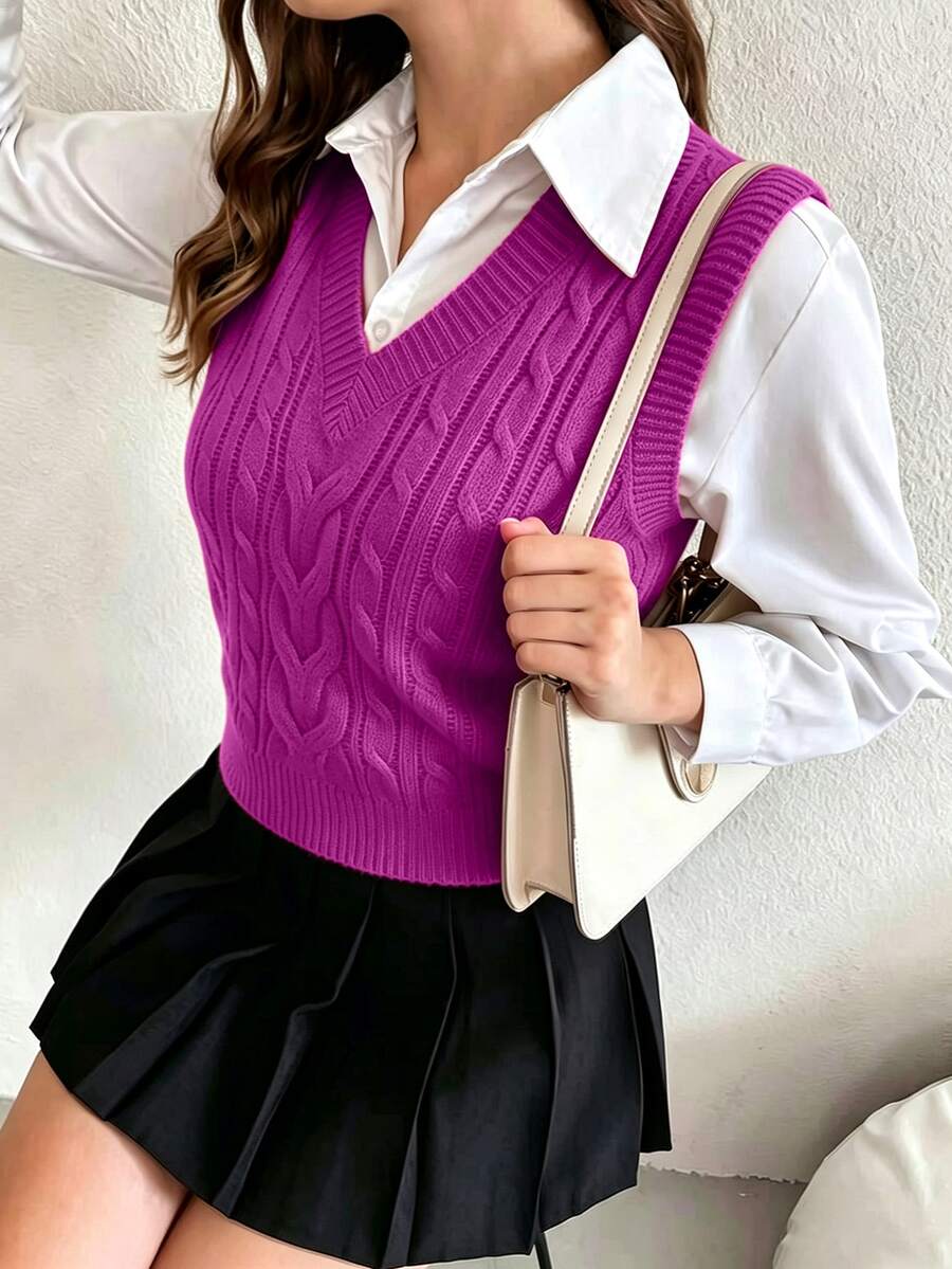Winifred Classic Cable Knit V-Neck Sleeveless Sweater Vest - Magenta