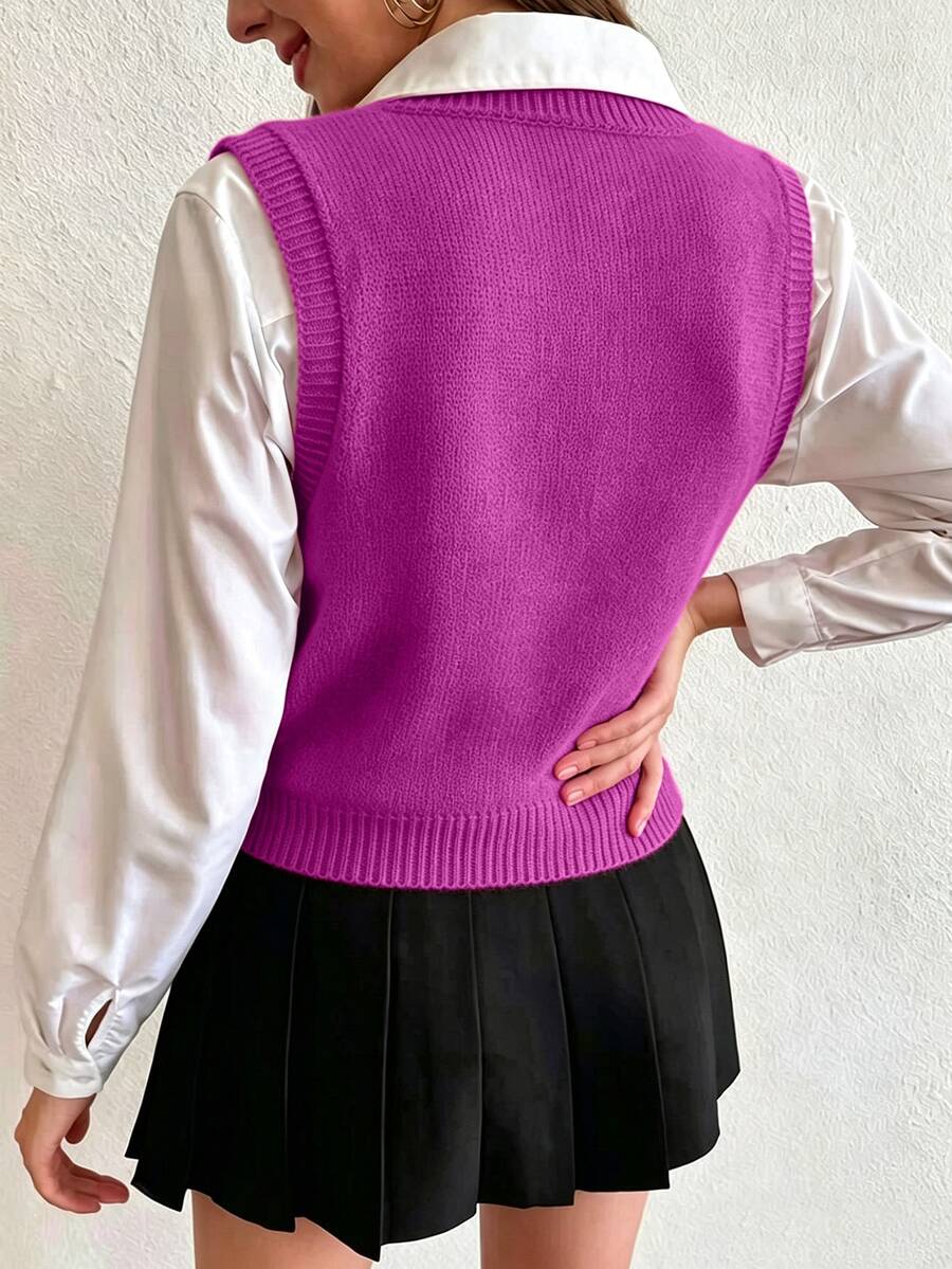 Winifred Classic Cable Knit V-Neck Sleeveless Sweater Vest - Magenta