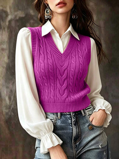 Winifred Classic Cable Knit V-Neck Sleeveless Sweater Vest - Magenta