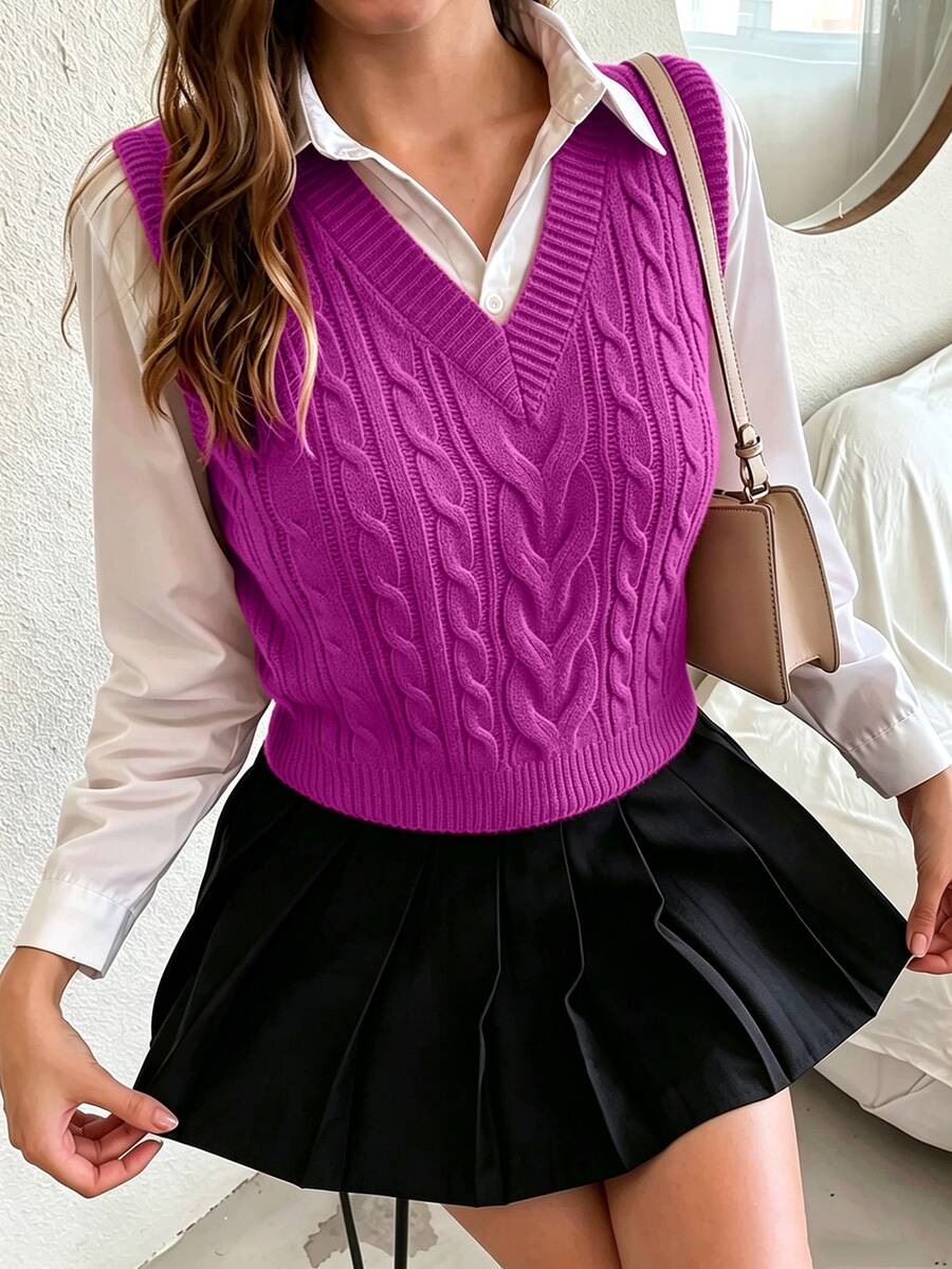 Winifred Classic Cable Knit V-Neck Sleeveless Sweater Vest - Magenta