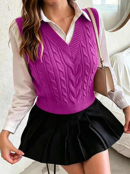 Winifred Classic Cable Knit V-Neck Sleeveless Sweater Vest - Magenta