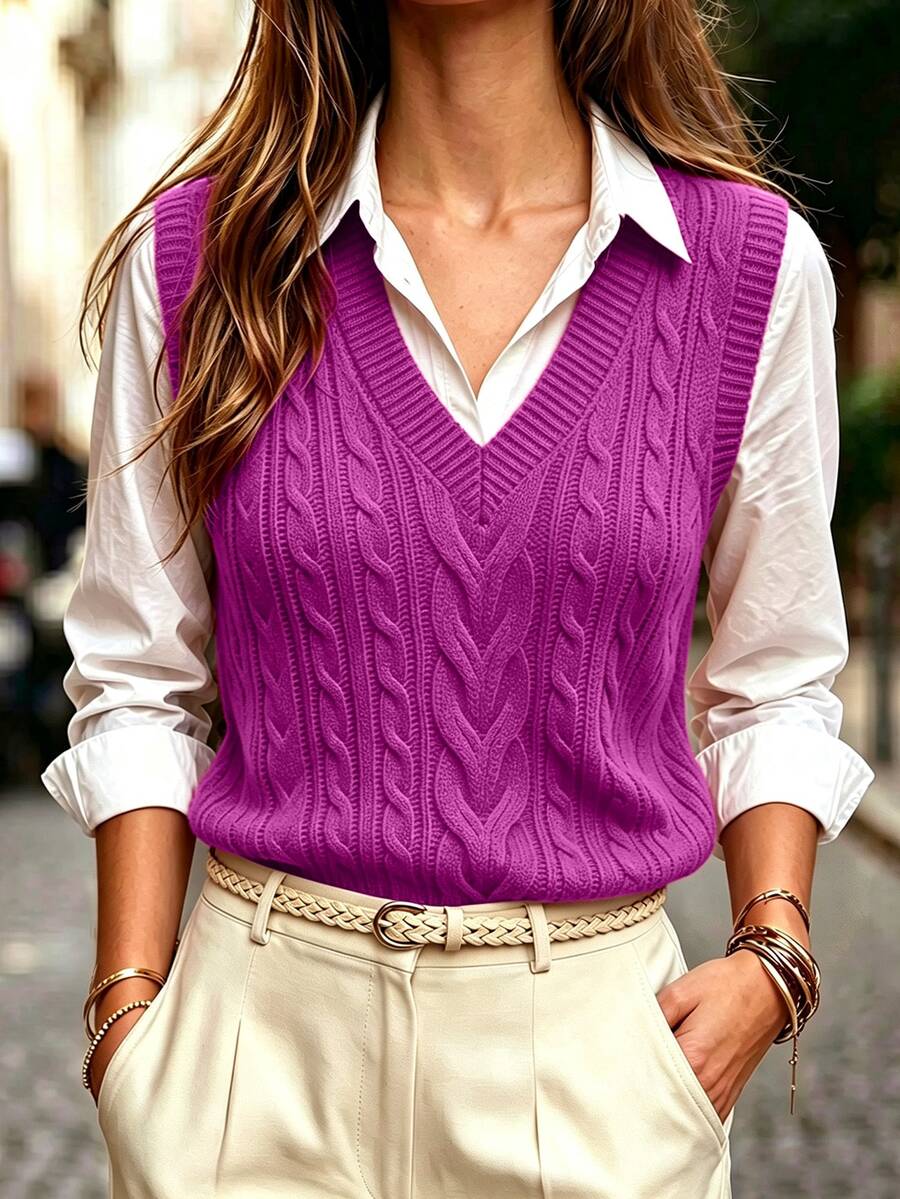 Winifred Classic Cable Knit V-Neck Sleeveless Sweater Vest - Magenta