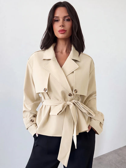 Ilse Cropped Belted Trench Coat with Tie Waist and Collar - Cream