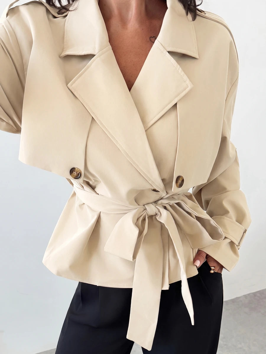 Ilse Cropped Belted Trench Coat with Tie Waist and Collar - Cream