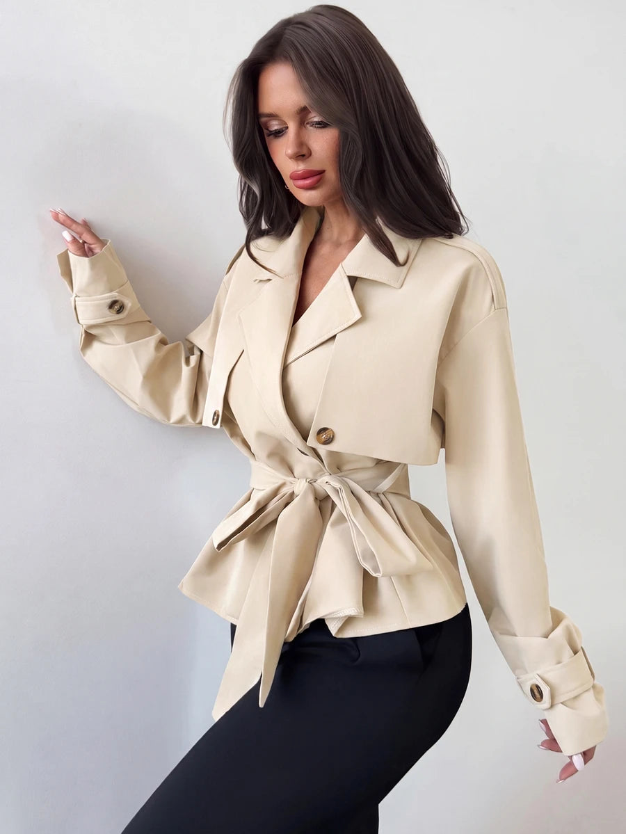 Ilse Cropped Belted Trench Coat with Tie Waist and Collar - Cream