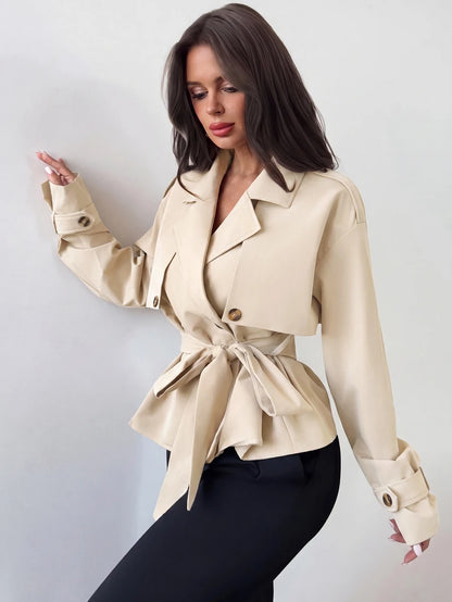 Ilse Cropped Belted Trench Coat with Tie Waist and Collar - Cream