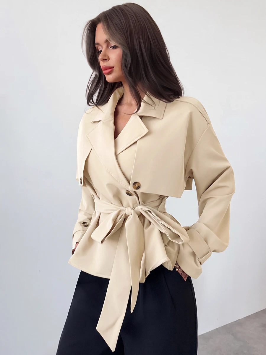 Ilse Cropped Belted Trench Coat with Tie Waist and Collar - Cream