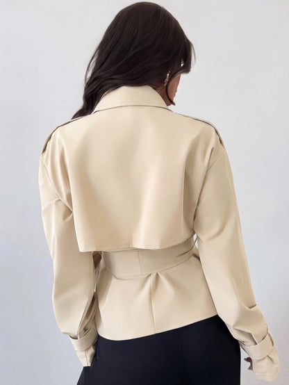 Ilse Cropped Belted Trench Coat with Tie Waist and Collar - Cream
