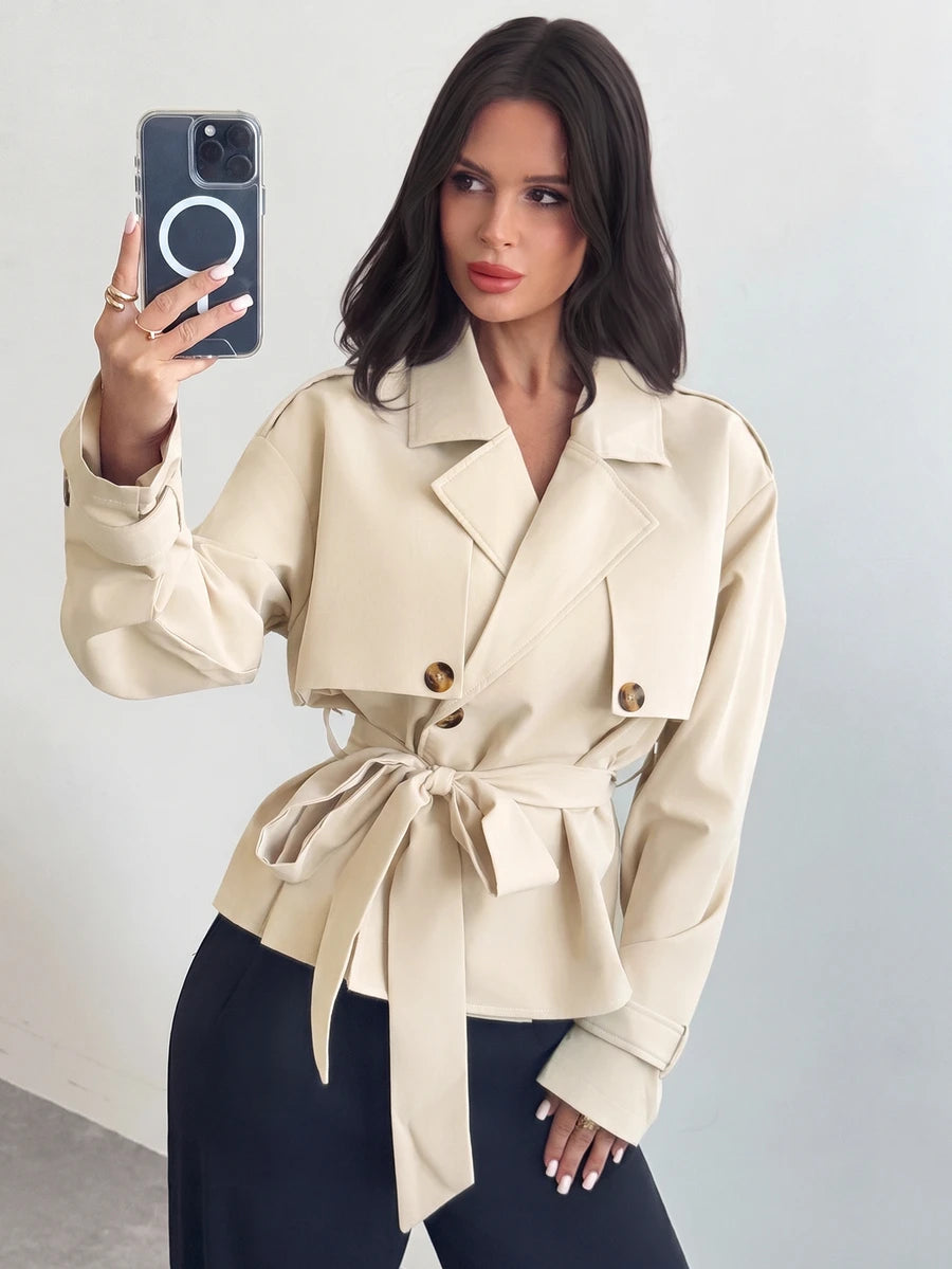 Ilse Cropped Belted Trench Coat with Tie Waist and Collar - Cream