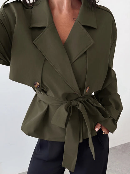 Ilse Cropped Belted Trench Coat with Tie Waist and Collar - Olive