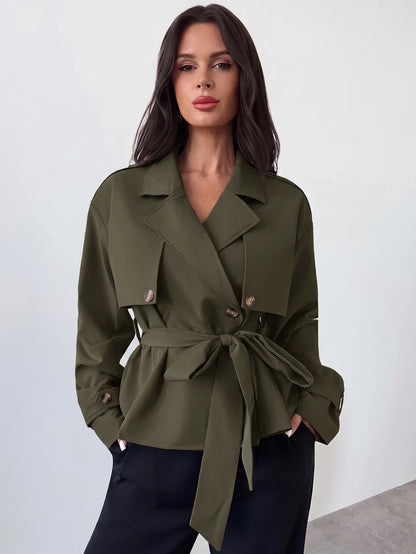 Ilse Cropped Belted Trench Coat with Tie Waist and Collar - Olive