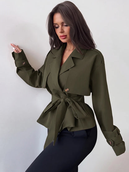 Ilse Cropped Belted Trench Coat with Tie Waist and Collar - Olive