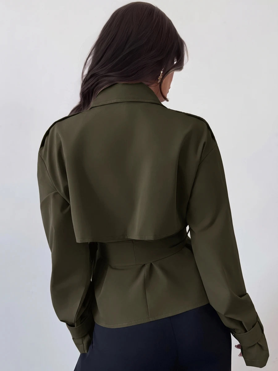 Ilse Cropped Belted Trench Coat with Tie Waist and Collar - Olive