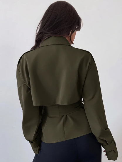 Ilse Cropped Belted Trench Coat with Tie Waist and Collar - Olive