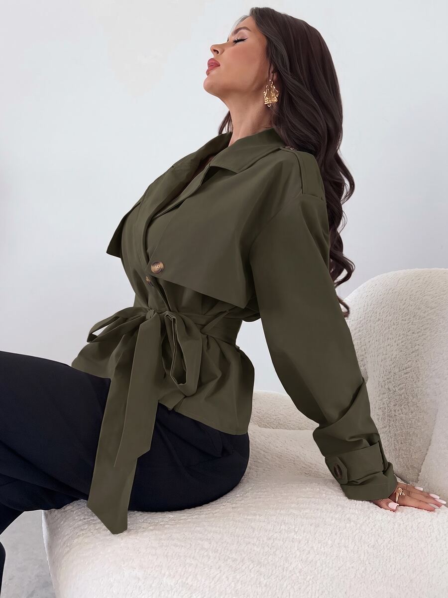 Ilse Cropped Belted Trench Coat with Tie Waist and Collar - Olive