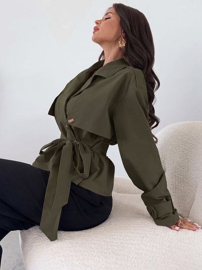 Ilse Cropped Belted Trench Coat with Tie Waist and Collar - Olive