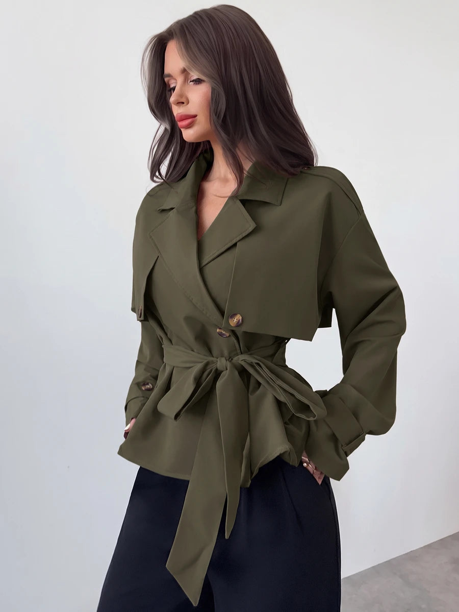 Ilse Cropped Belted Trench Coat with Tie Waist and Collar - Olive