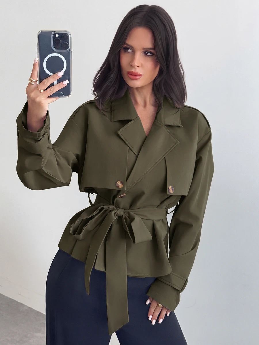 Ilse Cropped Belted Trench Coat with Tie Waist and Collar - Olive