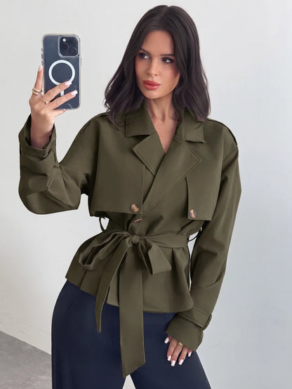 Ilse Cropped Belted Trench Coat with Tie Waist and Collar - Olive