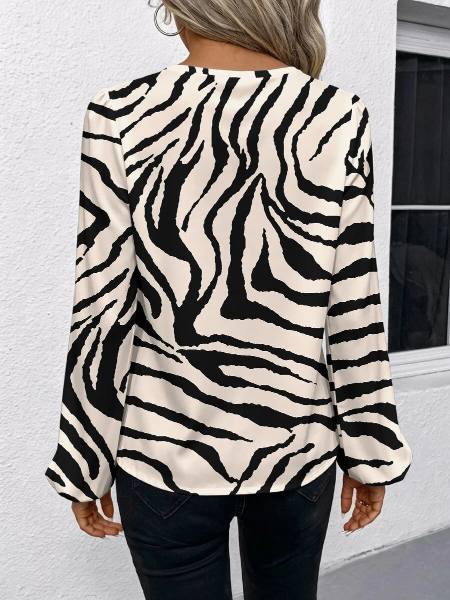 Nell Long Sleeve Blouse with Split V Neck and Lantern Sleeves - Zebra Print