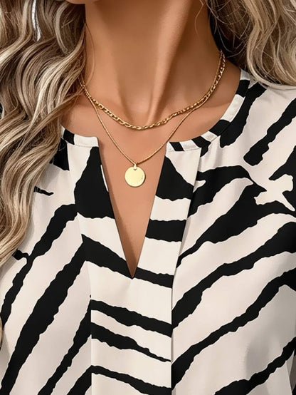 Nell Long Sleeve Blouse with Split V Neck and Lantern Sleeves - Zebra Print