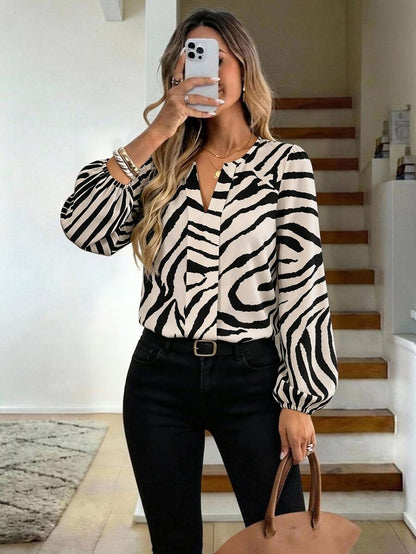 Nell Long Sleeve Blouse with Split V Neck and Lantern Sleeves - Zebra Print