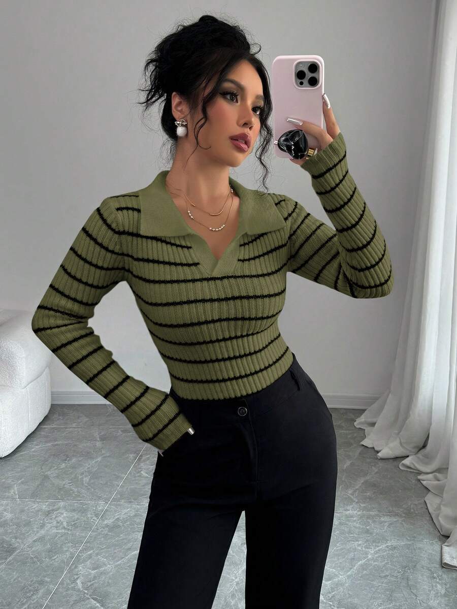 Margot Striped Slim Fit Pullover Sweater - Army Green