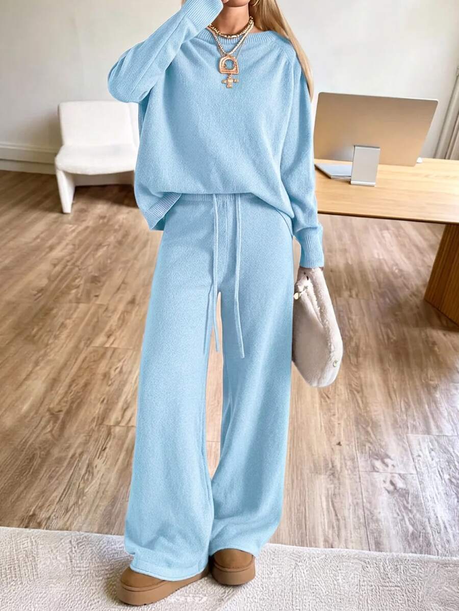 Valentina Off-Shoulder Knit Sweater and Wide Leg Pants Set - Baby Blue