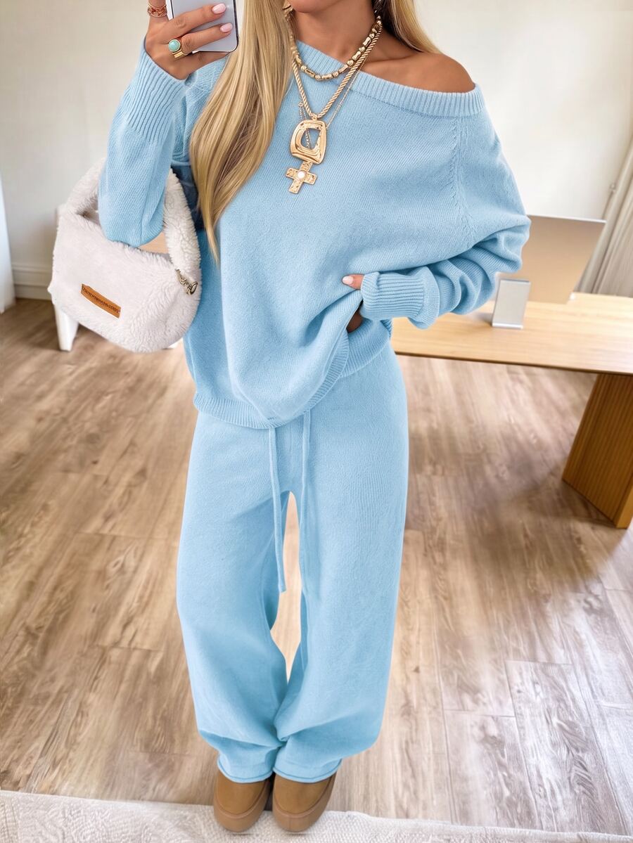 Valentina Off-Shoulder Knit Sweater and Wide Leg Pants Set - Baby Blue