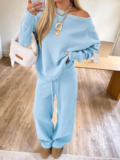 Valentina Off-Shoulder Knit Sweater and Wide Leg Pants Set - Baby Blue