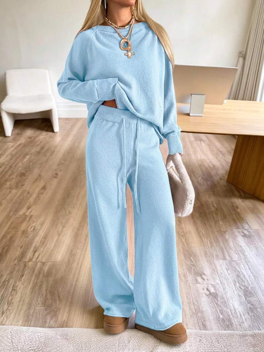 Valentina Off-Shoulder Knit Sweater and Wide Leg Pants Set - Baby Blue