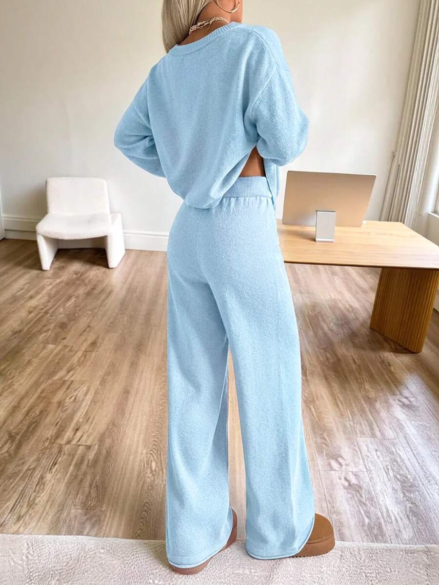 Valentina Off-Shoulder Knit Sweater and Wide Leg Pants Set - Baby Blue
