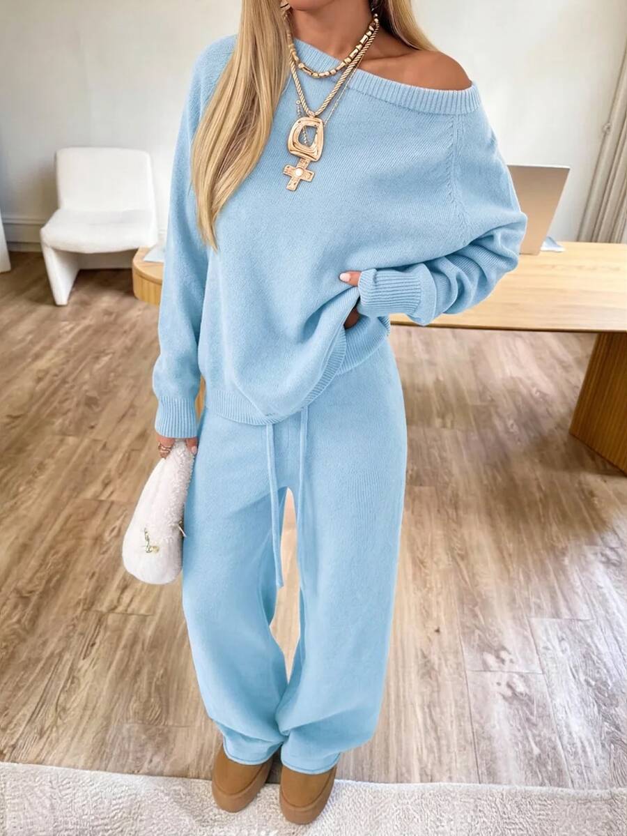 Valentina Off-Shoulder Knit Sweater and Wide Leg Pants Set - Baby Blue
