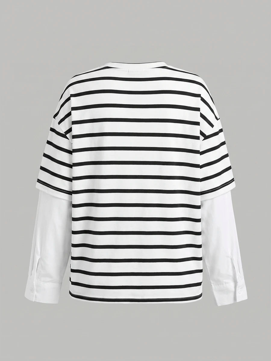 Wren Patchwork Striped Crew Neck Long Sleeve Tee - Black and White