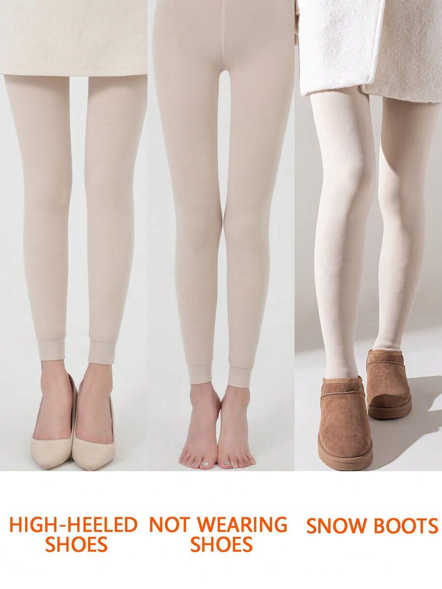 Faye Plush Fleece Lined Leggings Ankle Length Stretch Pants - Beige