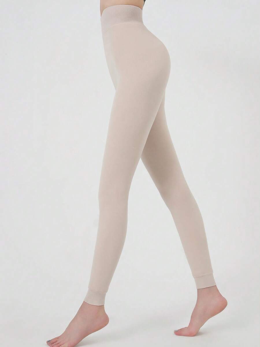 Faye Plush Fleece Lined Leggings Ankle Length Stretch Pants - Beige