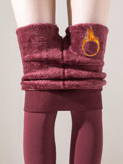 Faye Plush Fleece Lined Leggings Ankle Length Stretch Pants - Burgundy