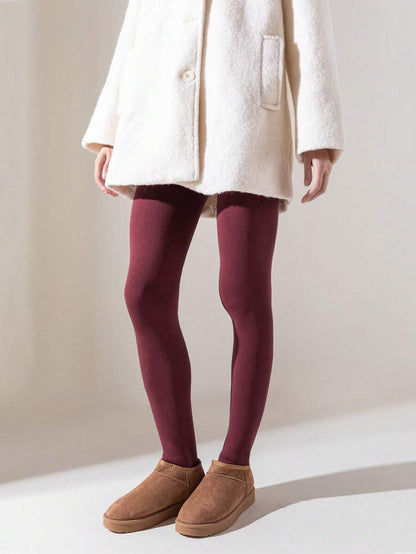Faye Plush Fleece Lined Leggings Ankle Length Stretch Pants - Burgundy